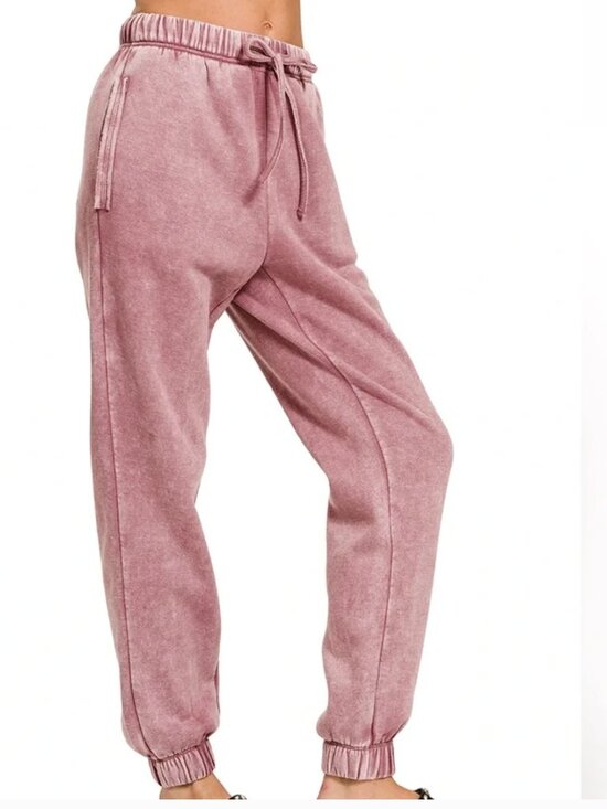 Zenana Outfitters Pants - Zenana Acid Wash Fleece Jogger Sweatpants w/ Pockets in Light Rose LARGE